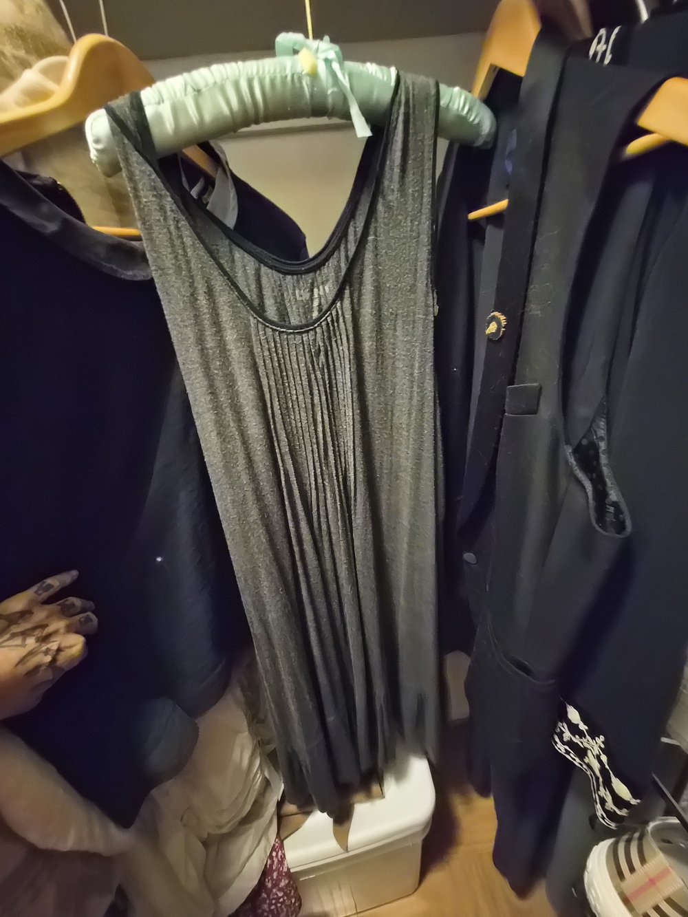 DKNY Charcoal Grey Ribbed Knit Pintuck Scoop Neck Tank Midi Dress